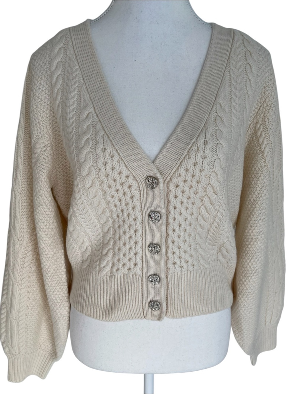 The Kooples Cream Cable Knit V-Neck Silver Button Cardigan Size Small NWT